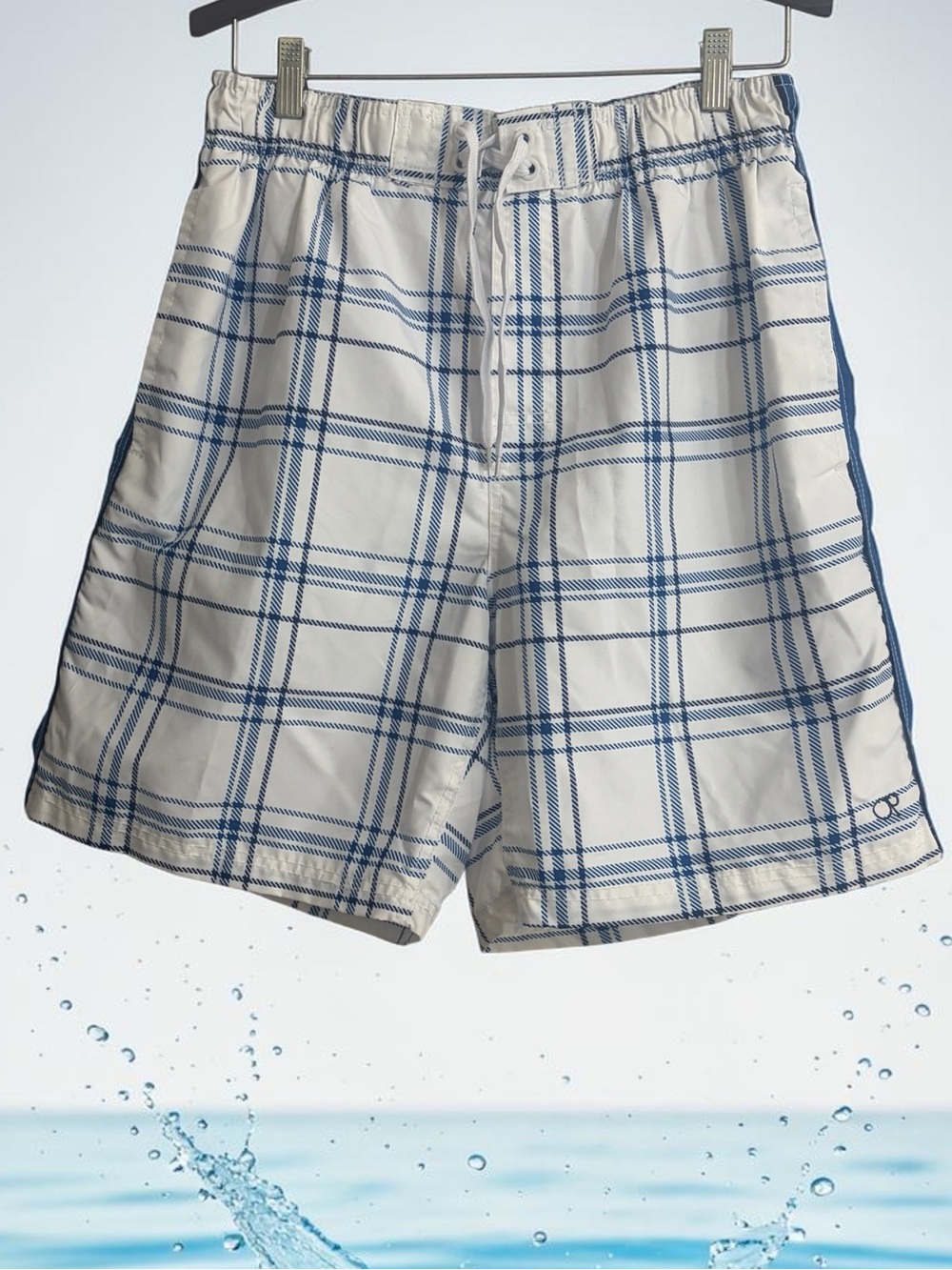 OP White and Blue Plaid Board Swim Shorts